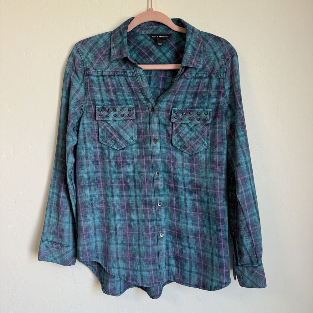 Rock & Republic Blue Studded Lightweight Cotton Flannel Western Button Down